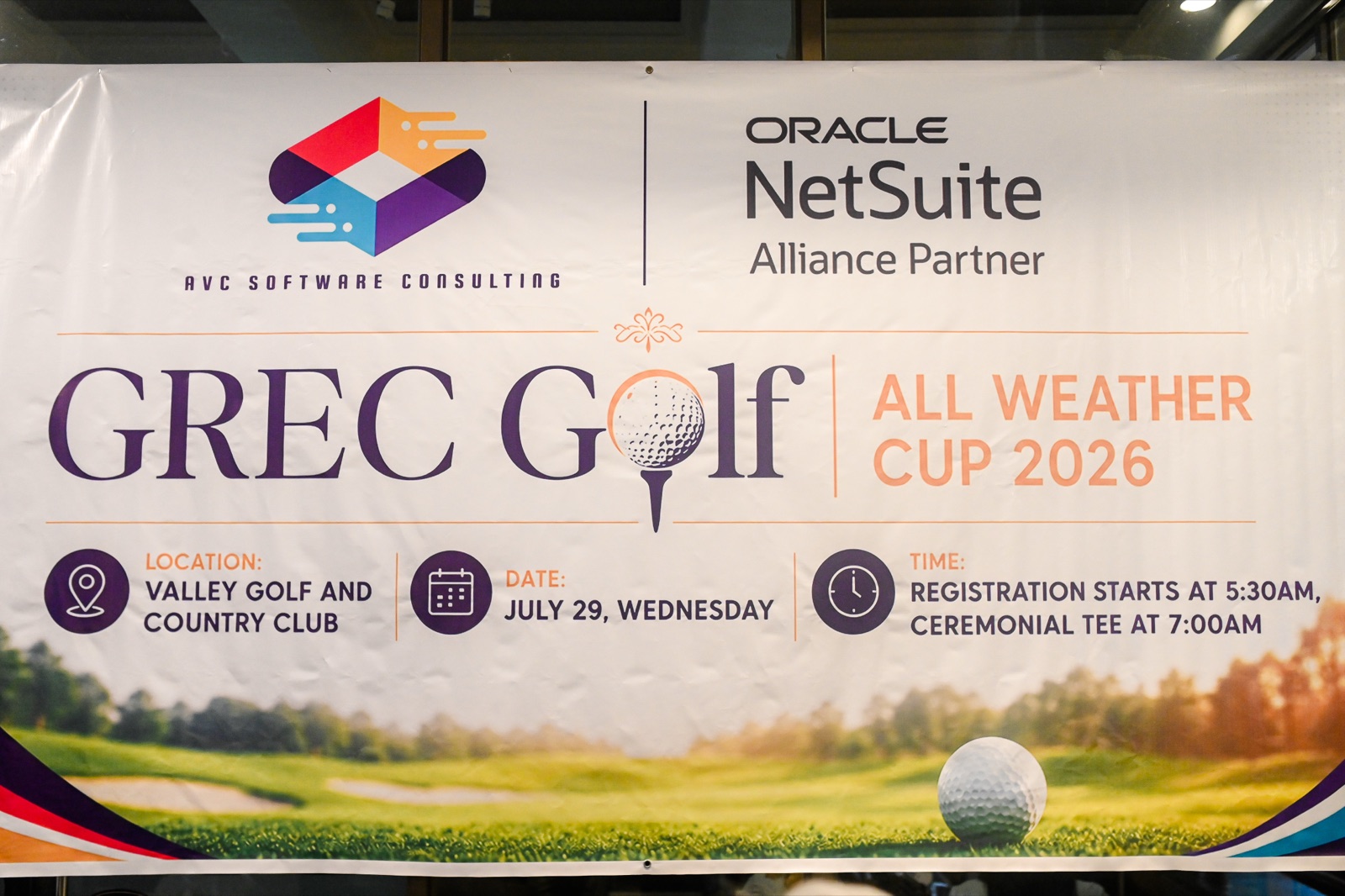 GREC Golf All Weather Cup 2026 event banner featuring AVC Software Consulting as Oracle NetSuite Alliance Partner